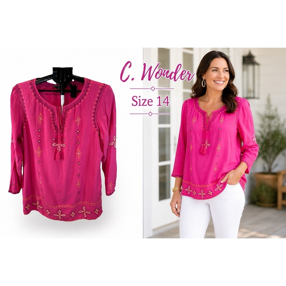 C. Wonder Embroidered Peasant Blouse Women's Size 14 Pink Boho Tassel 100% Rayon